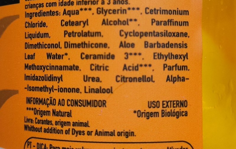 Foto da lista de ingredientes