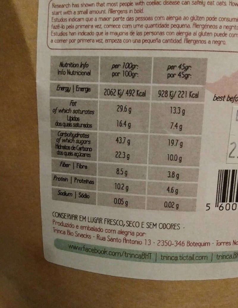Foto da tabela nutricional