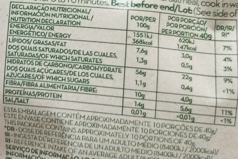 Foto da tabela nutricional