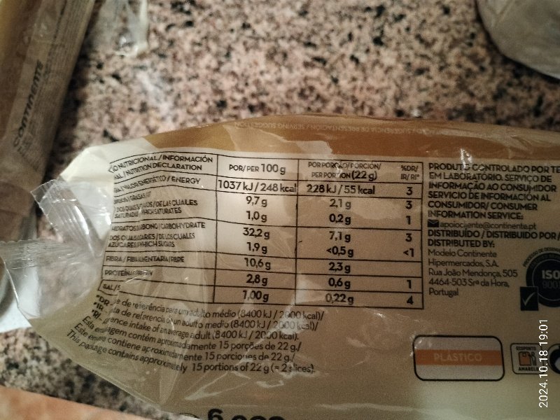 Foto da lista de ingredientes
