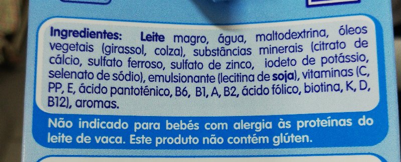 Foto da lista de ingredientes