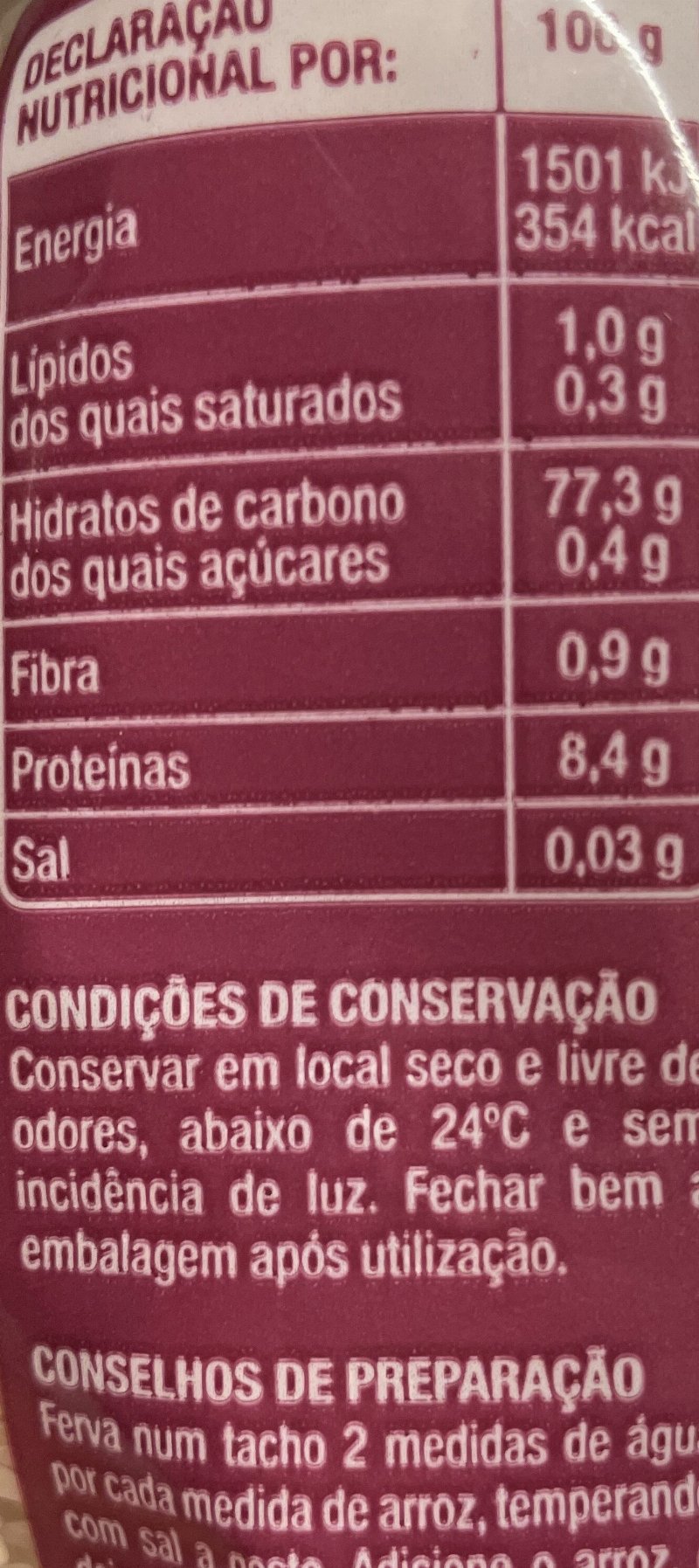 Foto da tabela nutricional