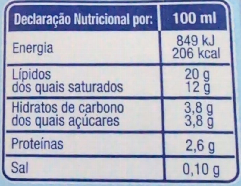 Foto da tabela nutricional