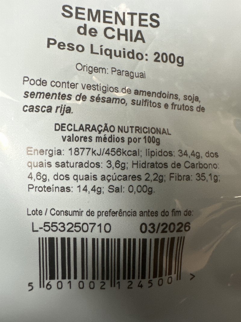 Foto da tabela nutricional