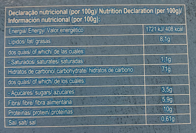 Foto da tabela nutricional