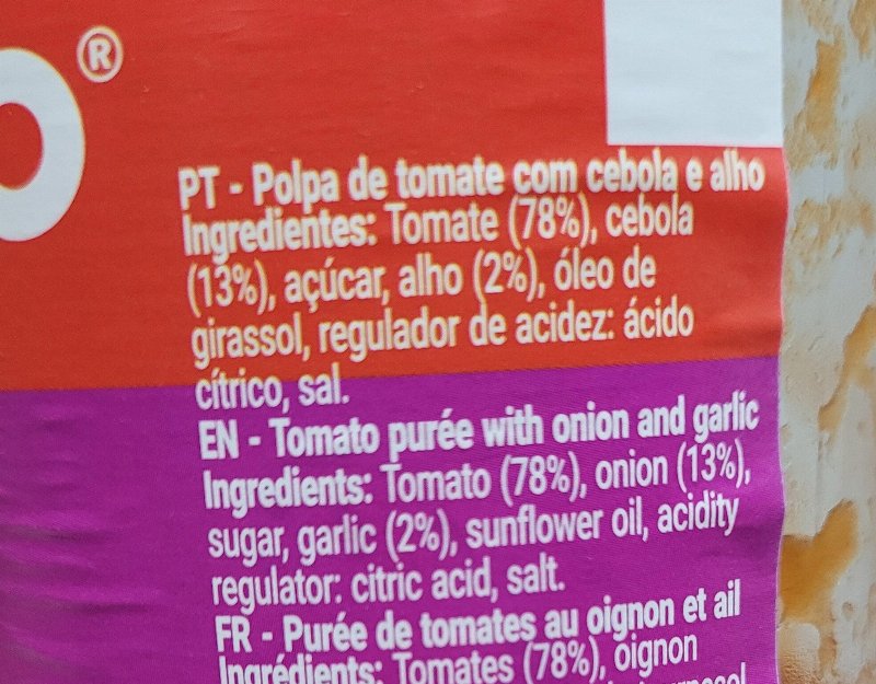 Foto da lista de ingredientes