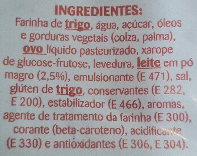 Foto da lista de ingredientes
