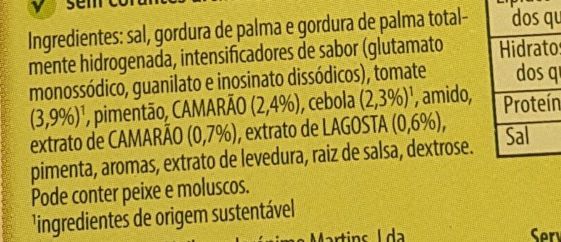 Foto da lista de ingredientes