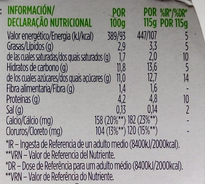Foto da tabela nutricional
