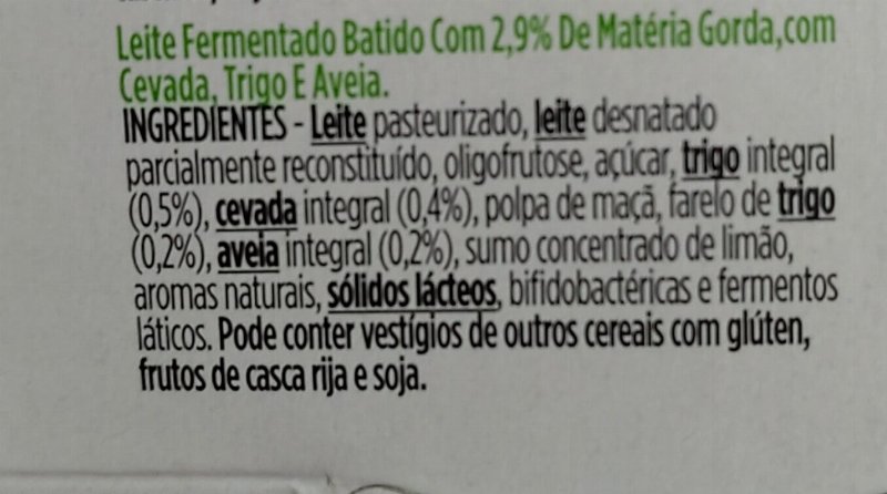 Foto da lista de ingredientes