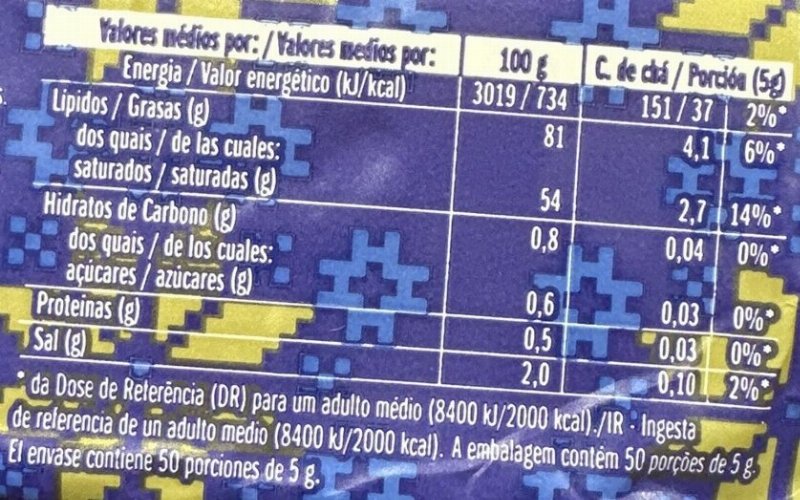 Foto da tabela nutricional