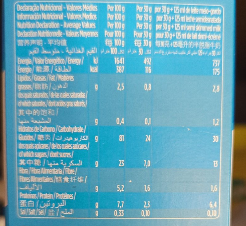 Foto da tabela nutricional