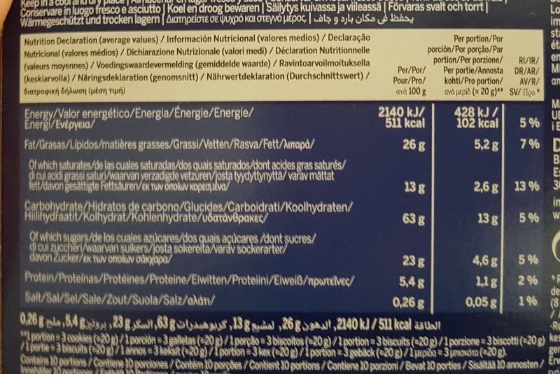 Foto da tabela nutricional