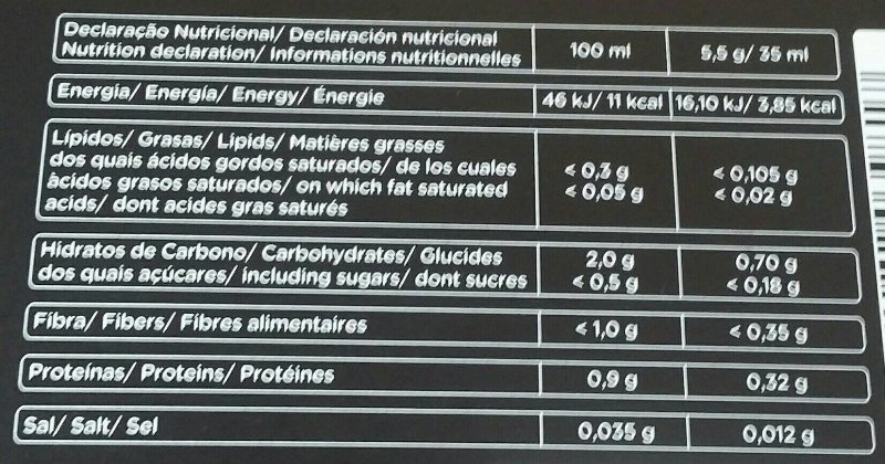 Foto da tabela nutricional