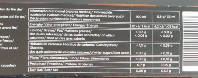 Foto da tabela nutricional