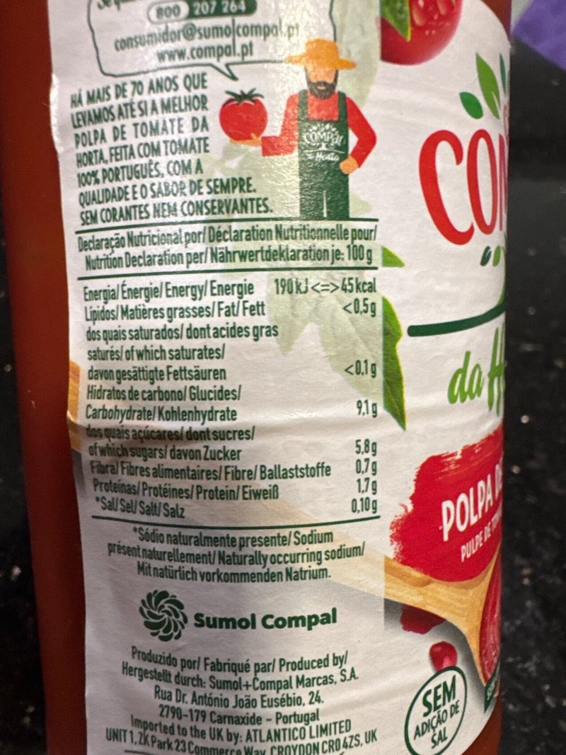 Foto da tabela nutricional