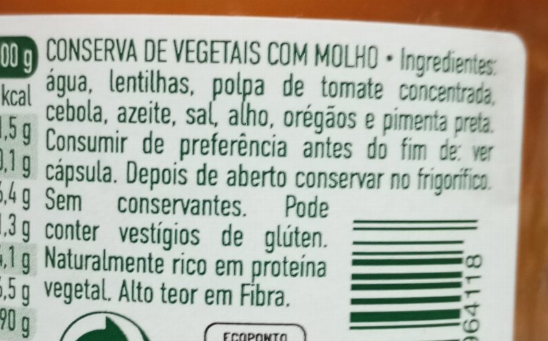 Foto da lista de ingredientes