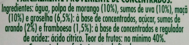 Foto da lista de ingredientes