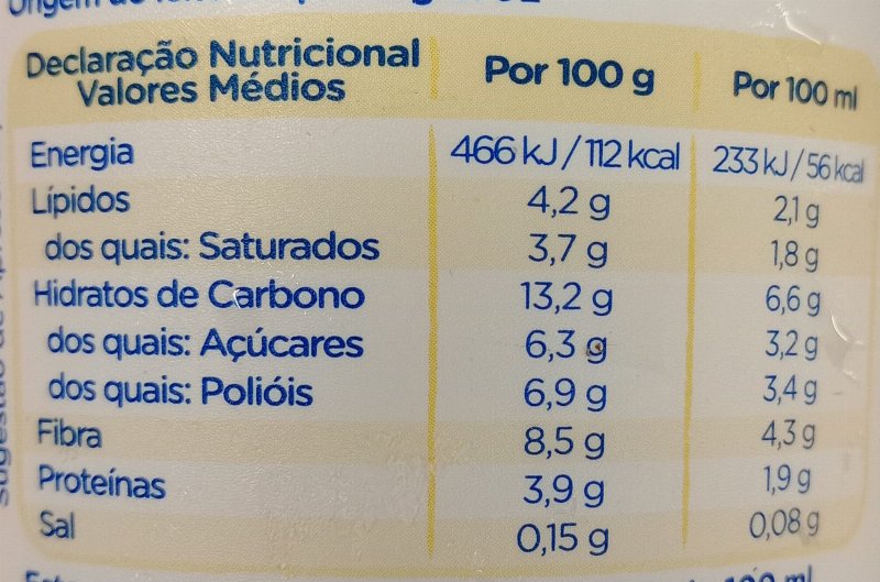 Foto da tabela nutricional