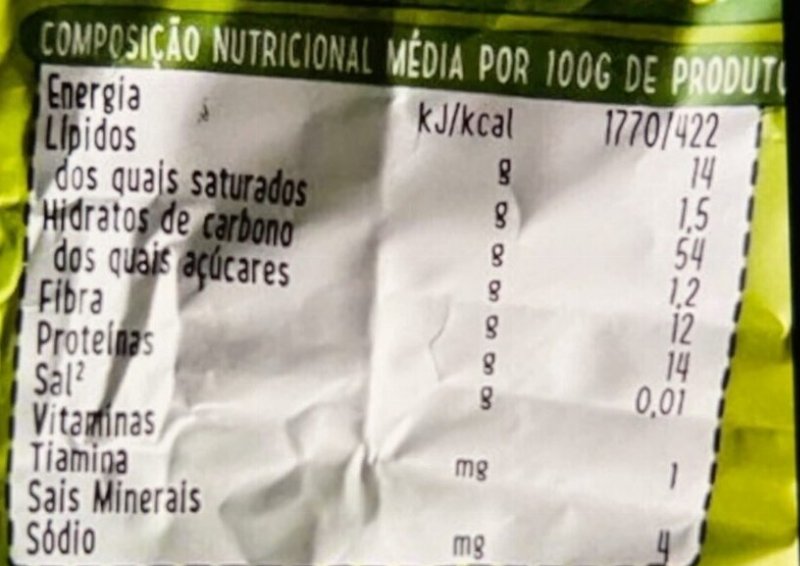 Foto da tabela nutricional
