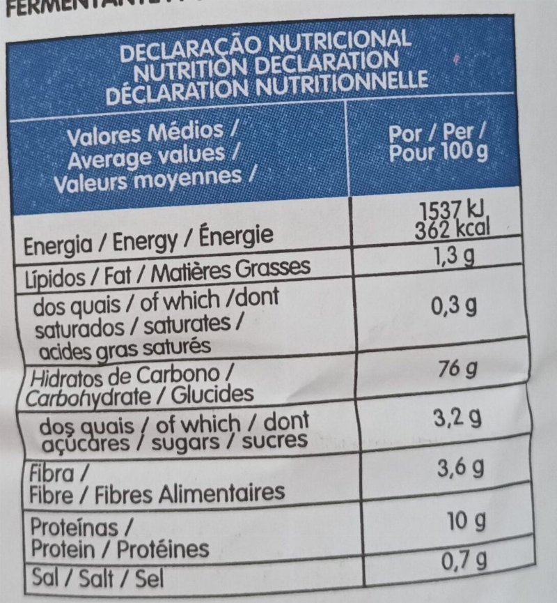 Foto da tabela nutricional