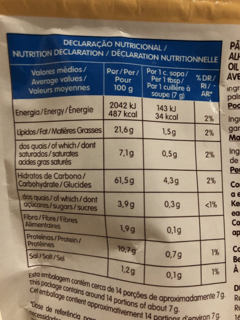 Foto da tabela nutricional