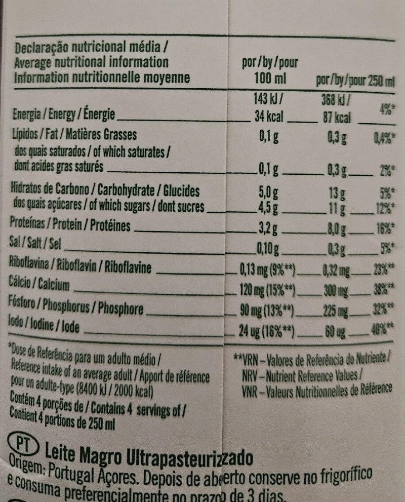 Foto da tabela nutricional
