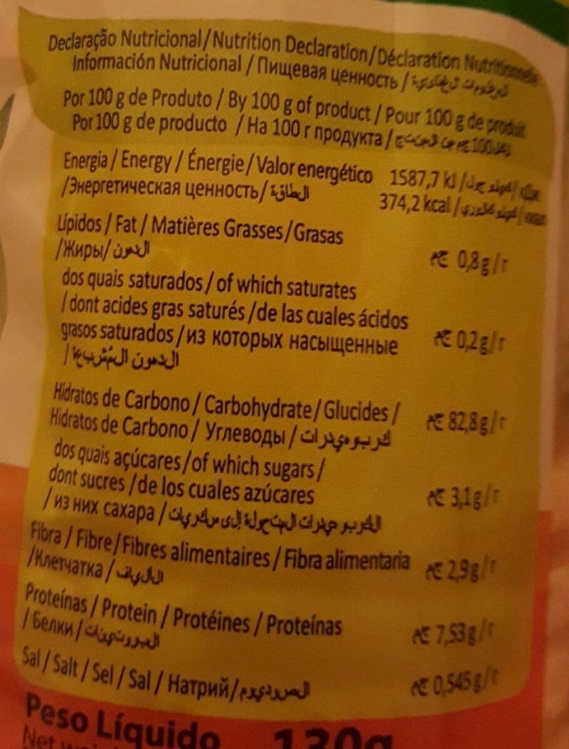 Foto da tabela nutricional