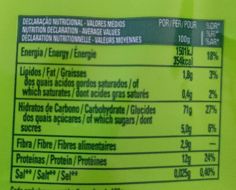Foto da tabela nutricional