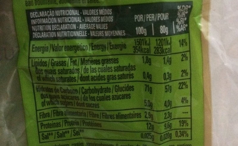 Foto da tabela nutricional
