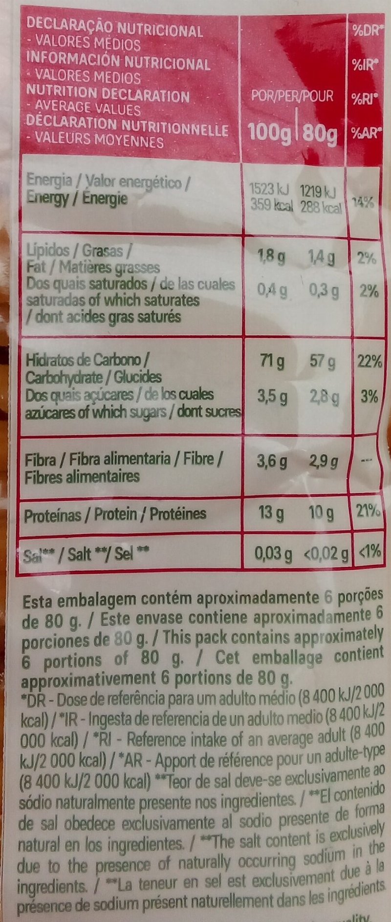 Foto da tabela nutricional