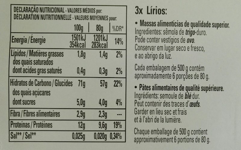 Foto da lista de ingredientes