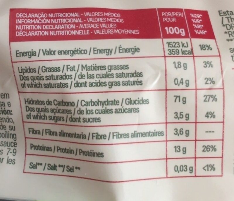 Foto da tabela nutricional