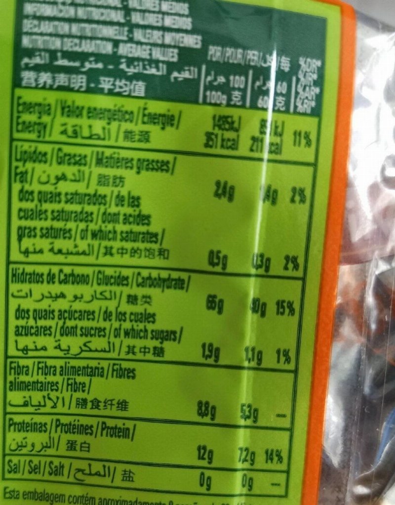 Foto da tabela nutricional