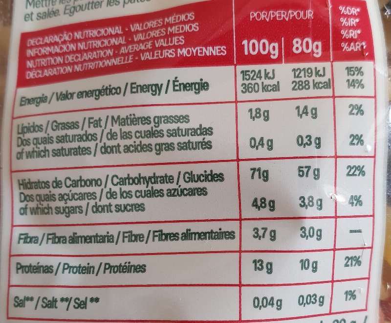 Foto da tabela nutricional