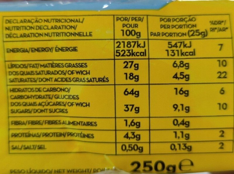 Foto da tabela nutricional