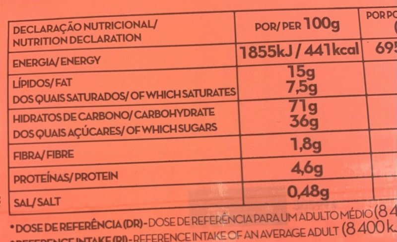 Foto da tabela nutricional
