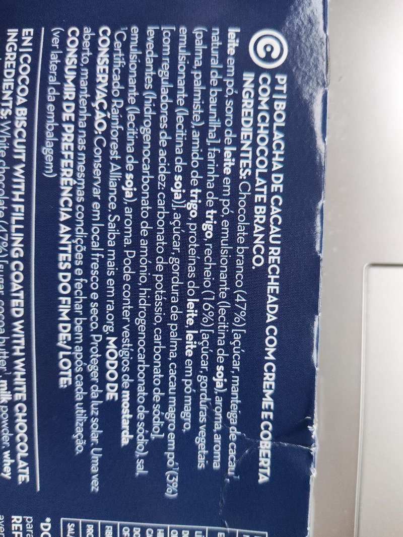 Foto da lista de ingredientes