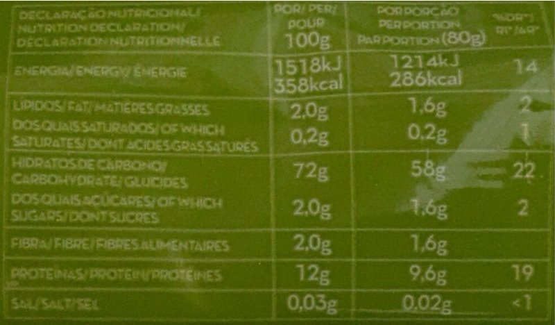 Foto da tabela nutricional