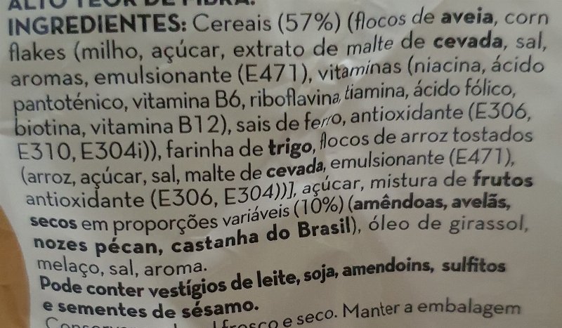 Foto da lista de ingredientes