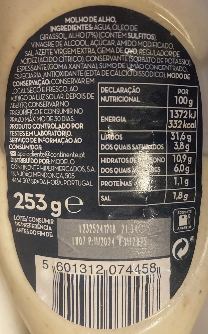 Foto da tabela nutricional