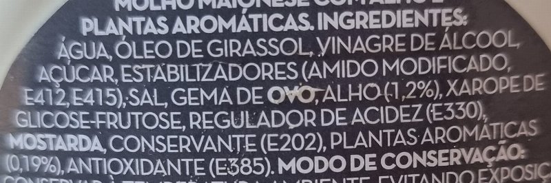 Foto da lista de ingredientes