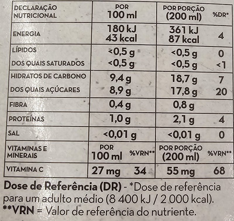 Foto da tabela nutricional