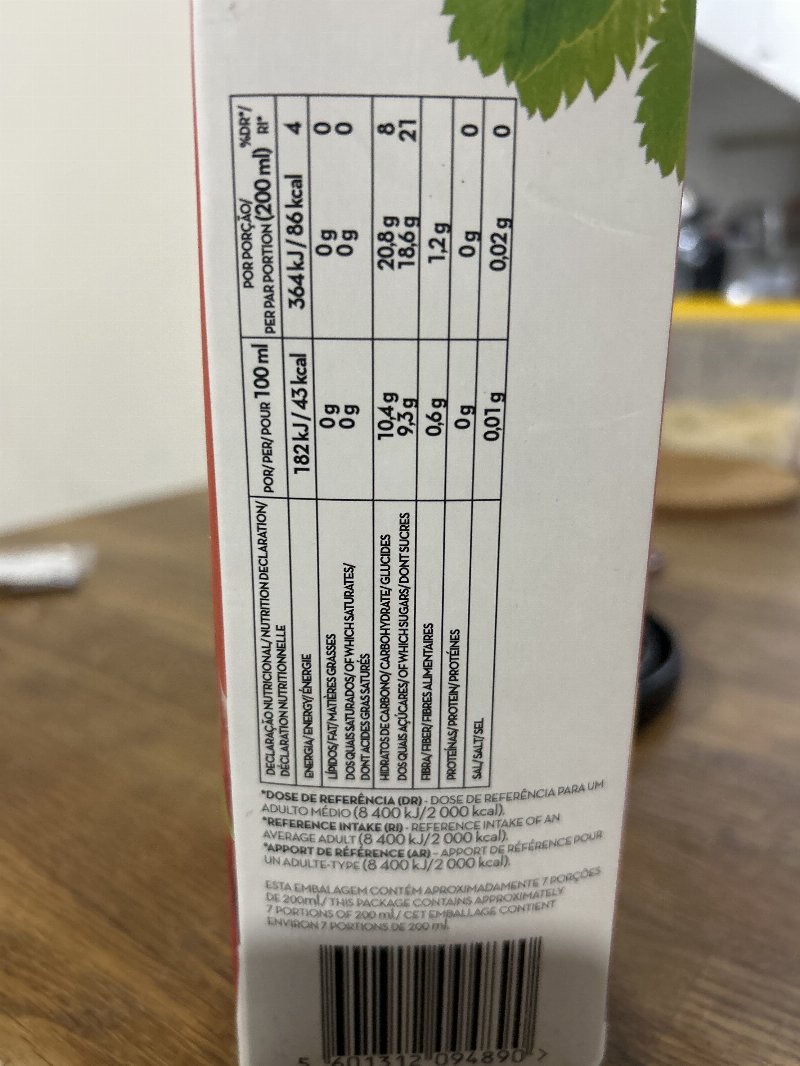 Foto da tabela nutricional