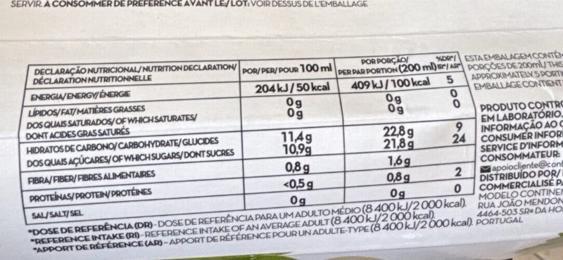 Foto da tabela nutricional