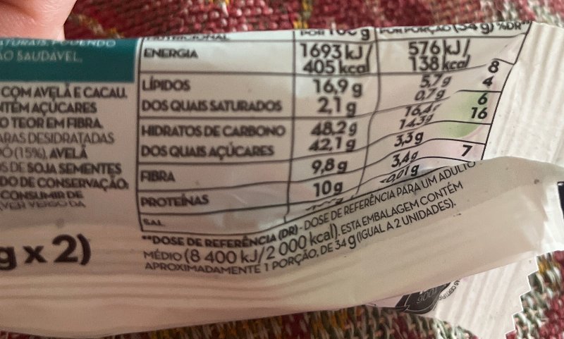 Foto da tabela nutricional