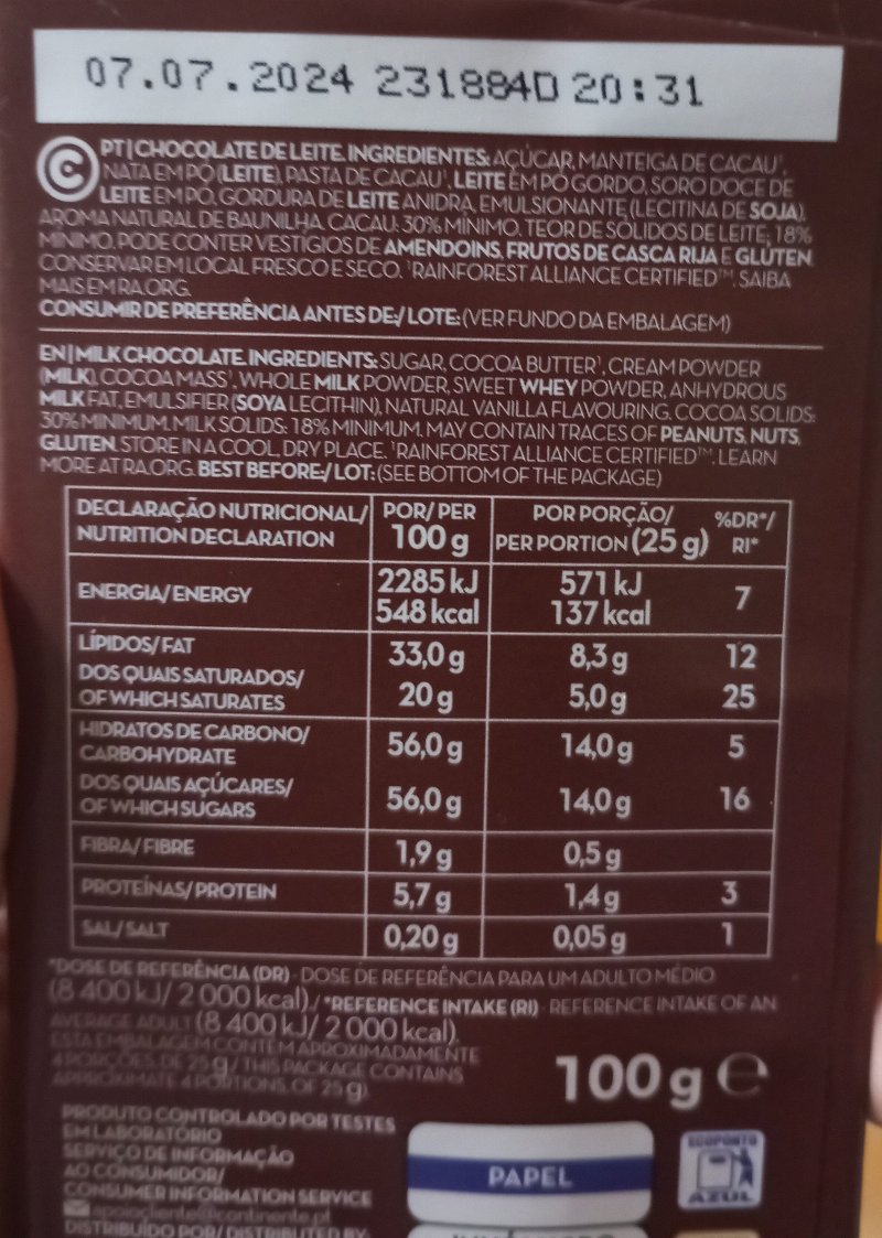 Foto da lista de ingredientes