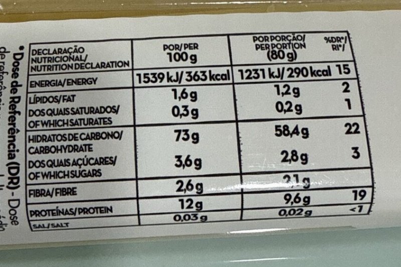 Foto da tabela nutricional