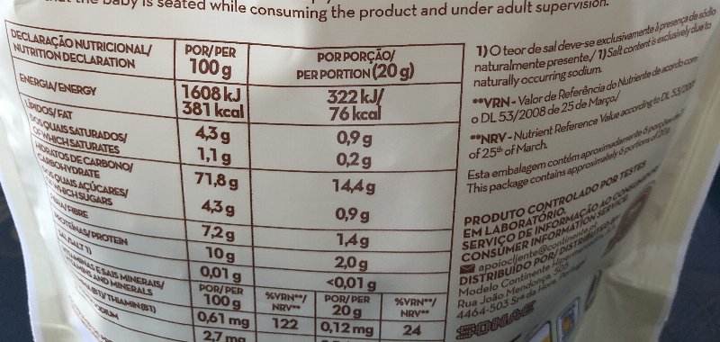 Foto da tabela nutricional