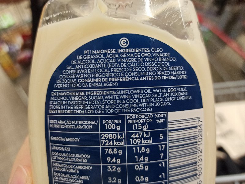 Foto da lista de ingredientes
